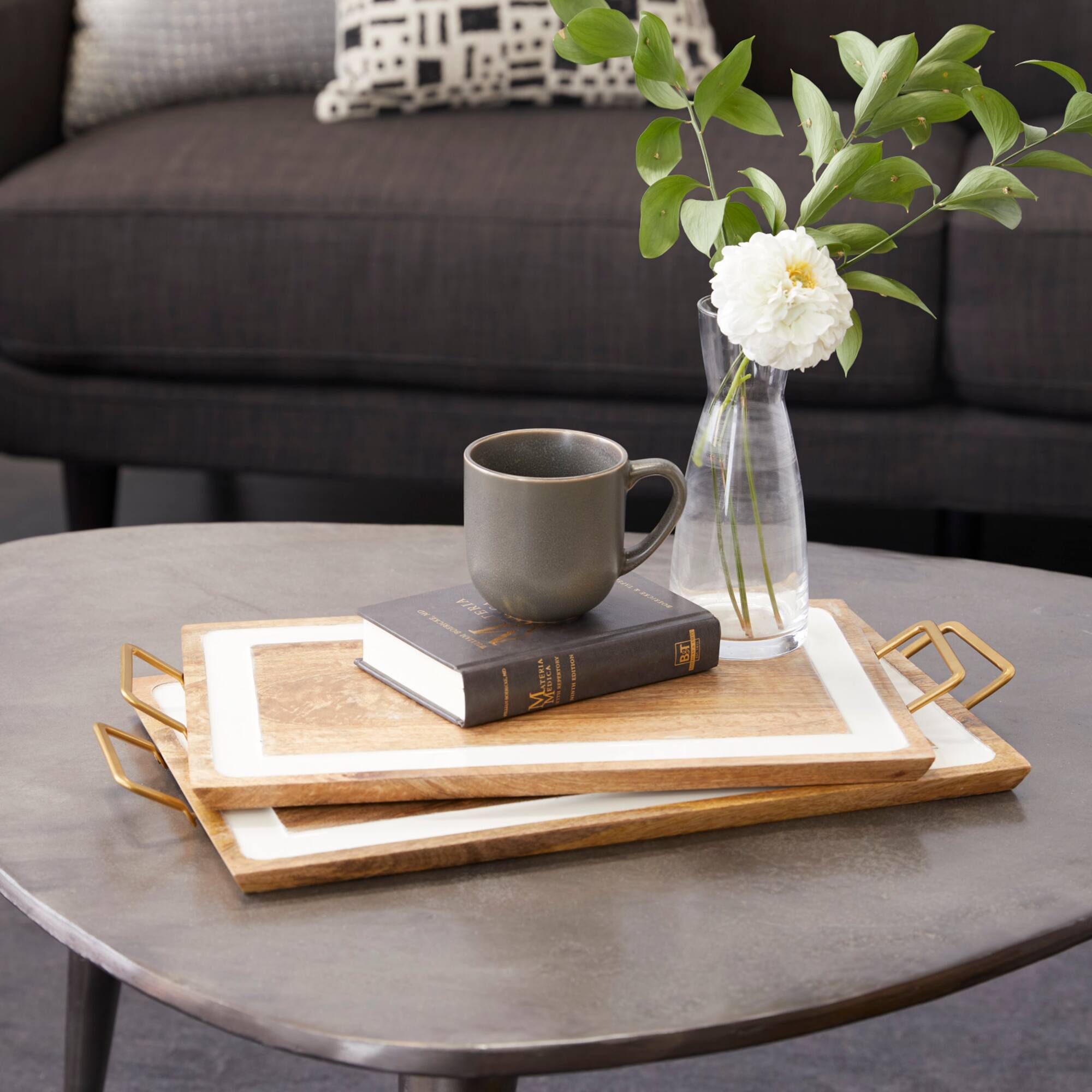 White & Brown Mango Wood Modern Tray Set
